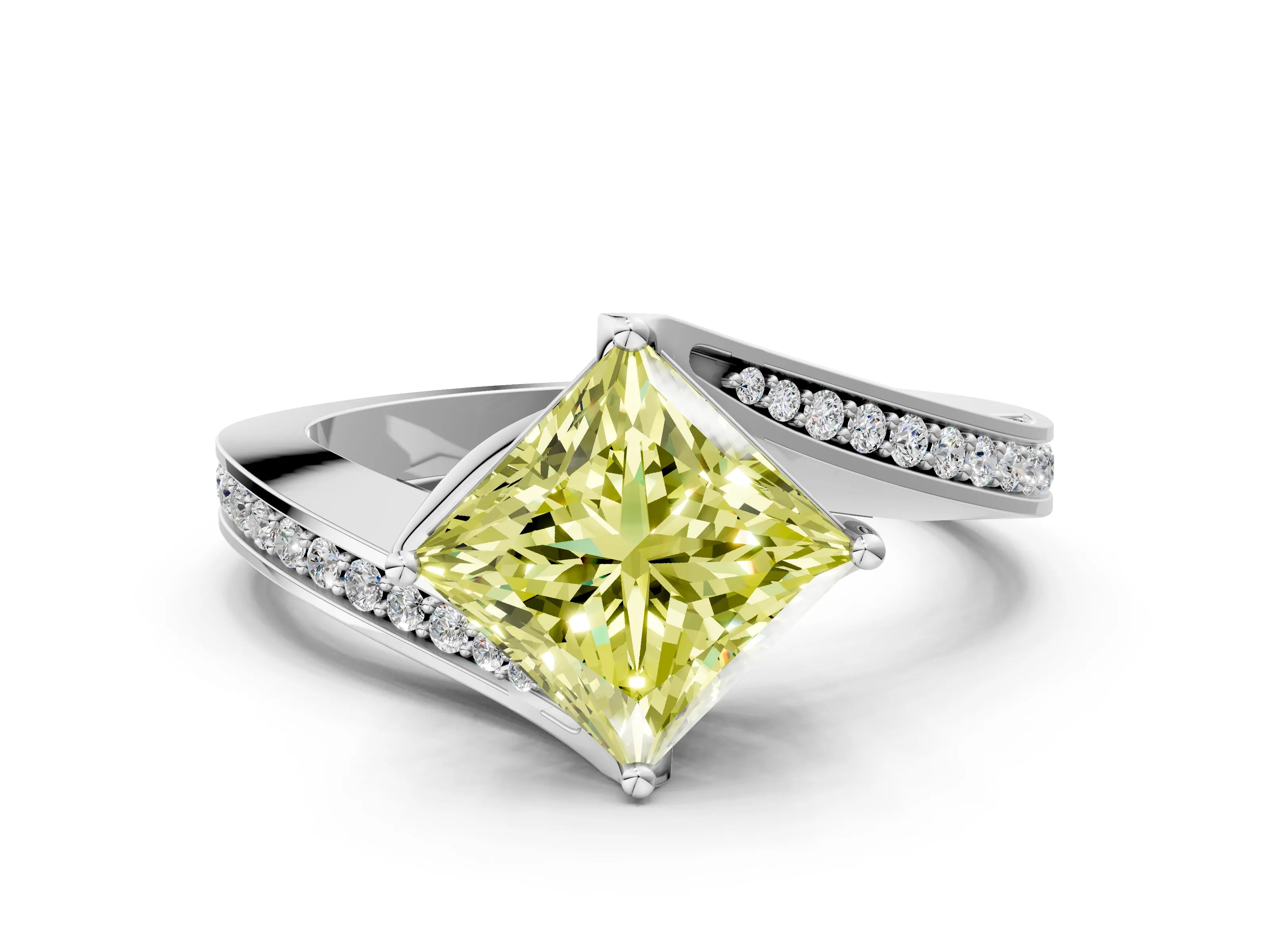 White gold Fancy Yellow Princess Cut Solitaire Diamond Twist Band with Pavé Setting and Four-Prong Setting_12