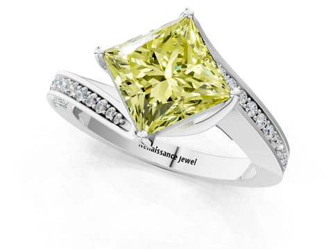 White gold Fancy Yellow Princess Cut Solitaire Diamond Twist Band with Pavé Setting and Four-Prong Setting_13