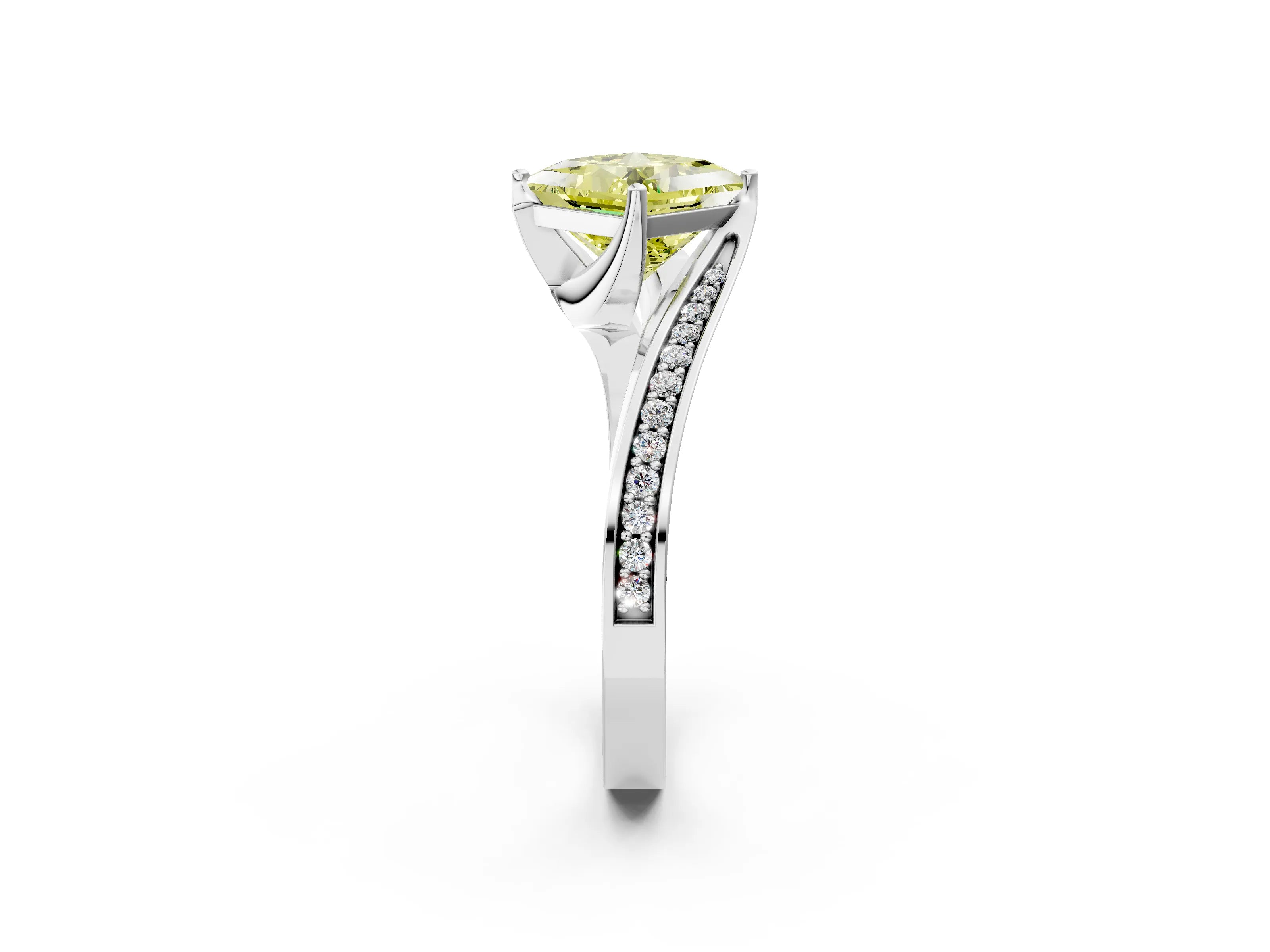 White gold Fancy Yellow Princess Cut Solitaire Diamond Twist Band with Pavé Setting and Four-Prong Setting_14