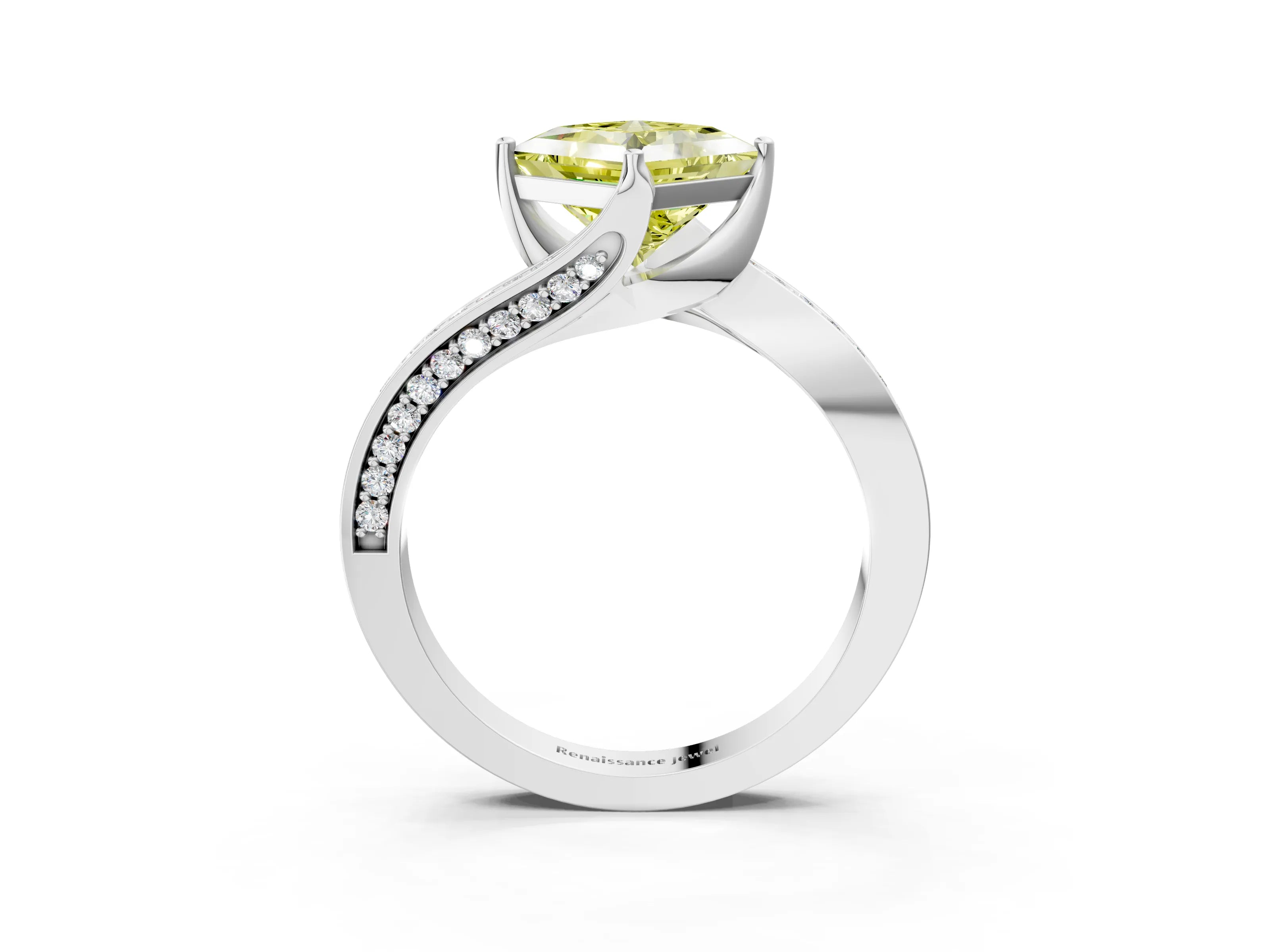White gold Fancy Yellow Princess Cut Solitaire Diamond Twist Band with Pavé Setting and Four-Prong Setting_15