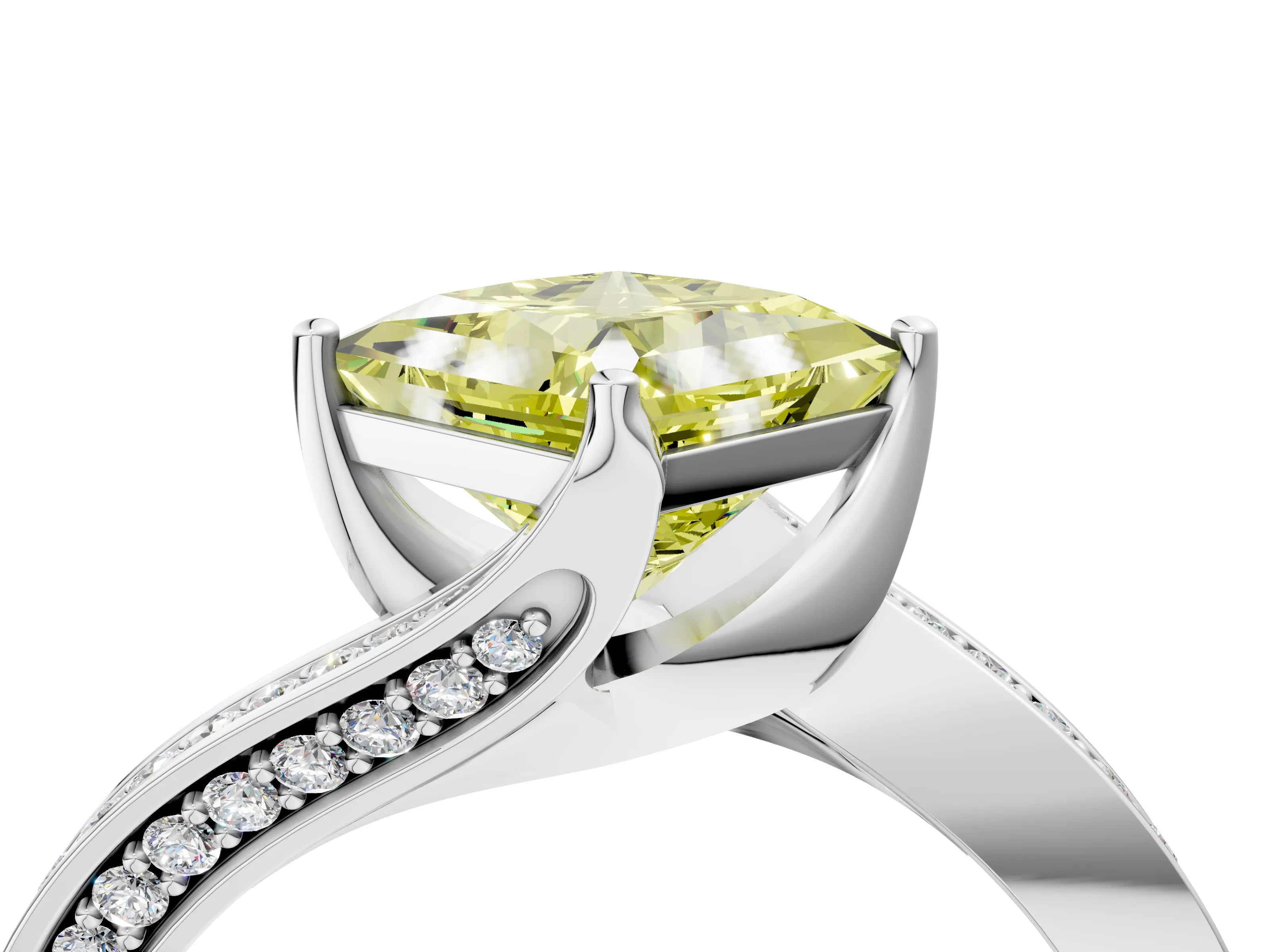 White gold Fancy Yellow Princess Cut Solitaire Diamond Twist Band with Pavé Setting and Four-Prong Setting_16