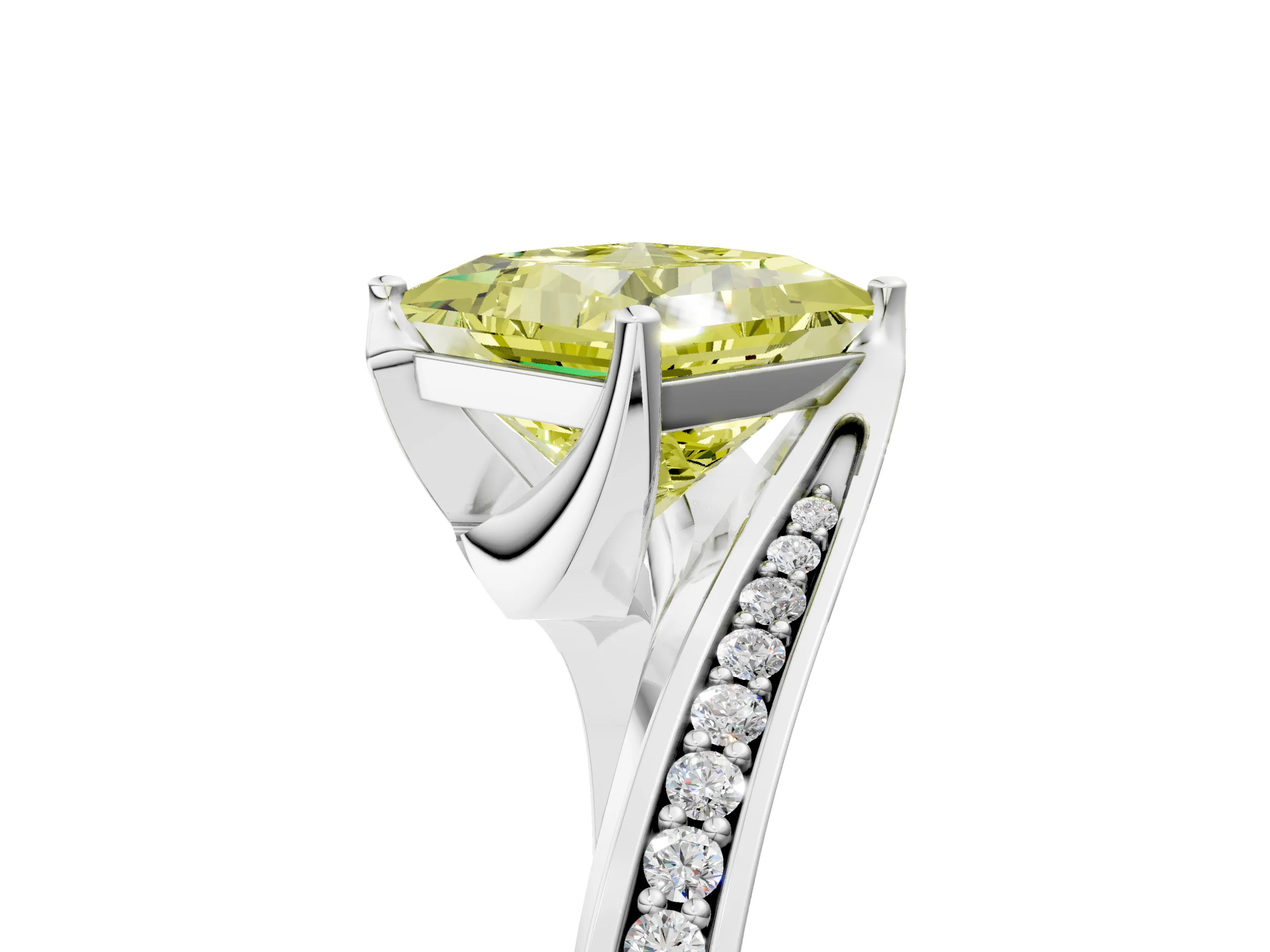 White gold Fancy Yellow Princess Cut Solitaire Diamond Twist Band with Pavé Setting and Four-Prong Setting_17