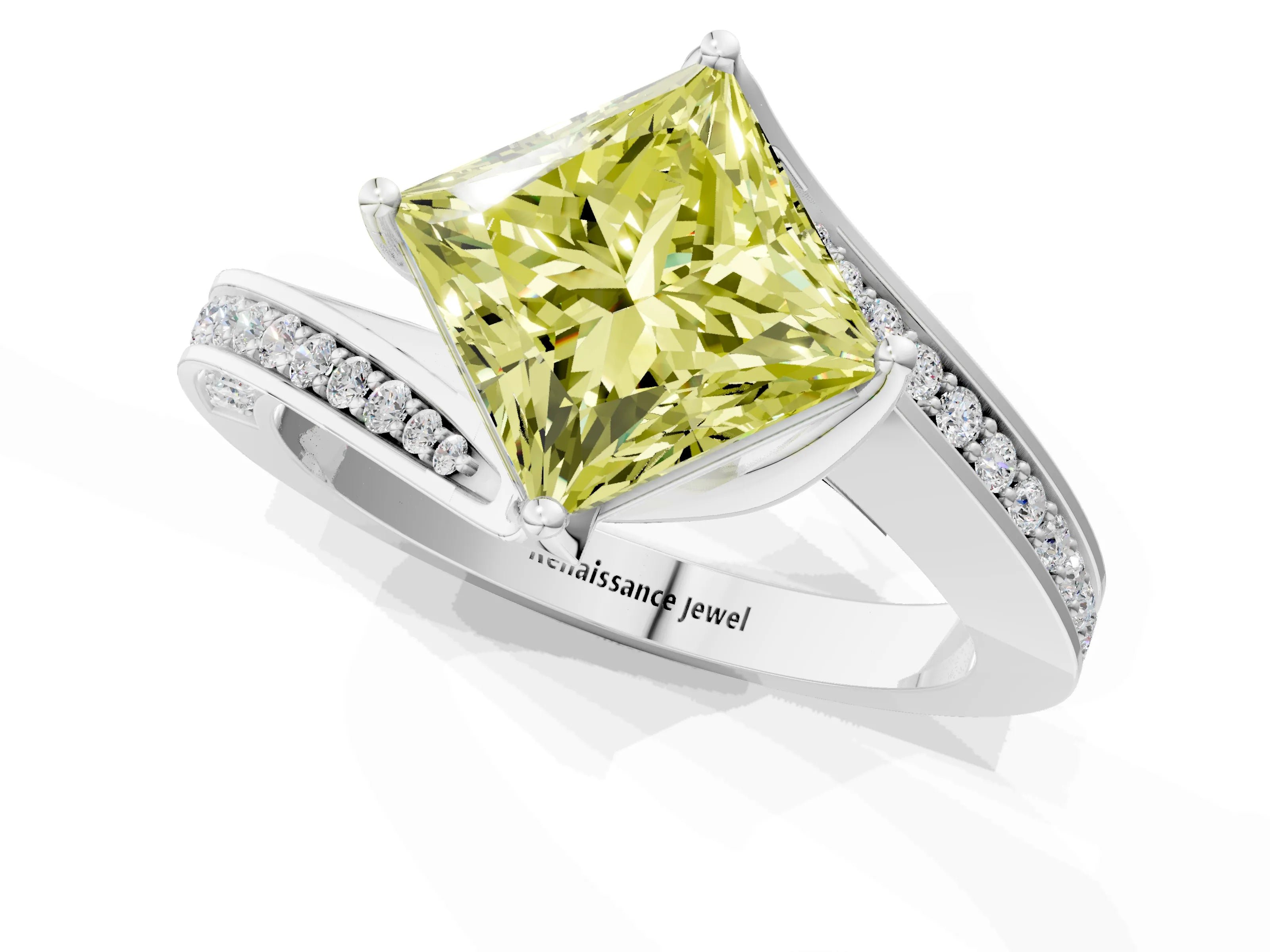 White gold Fancy Yellow Princess Cut Solitaire Diamond Twist Band with Pavé Setting and Four-Prong Setting_1
