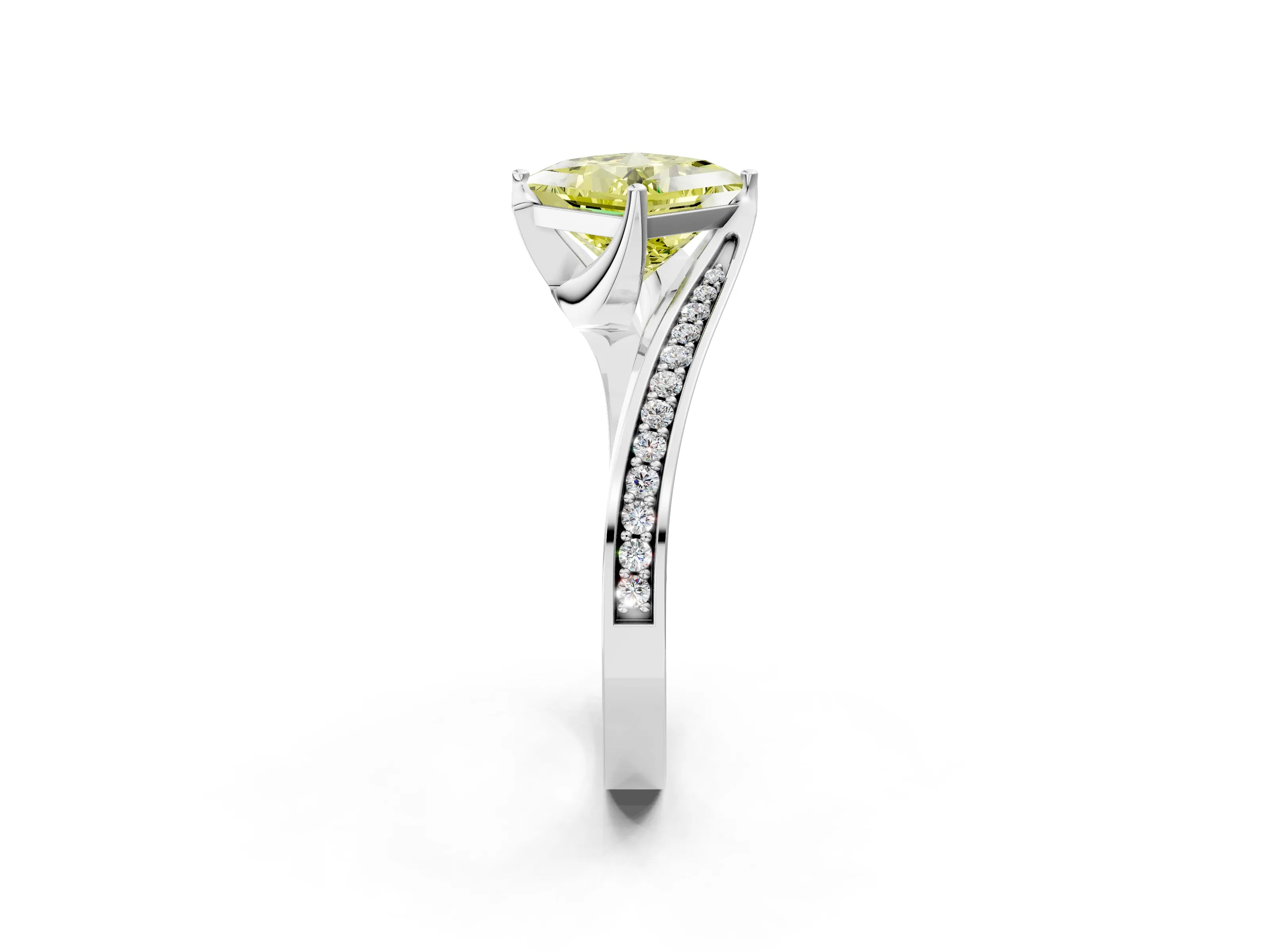 White gold Fancy Yellow Princess Cut Solitaire Diamond Twist Band with Pavé Setting and Four-Prong Setting_2