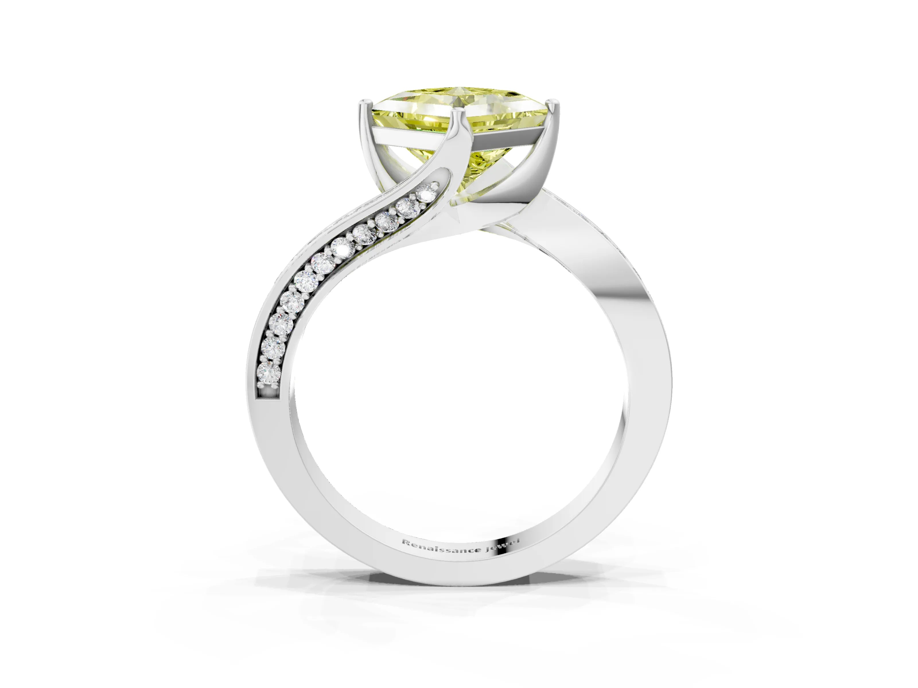 White gold Fancy Yellow Princess Cut Solitaire Diamond Twist Band with Pavé Setting and Four-Prong Setting_3