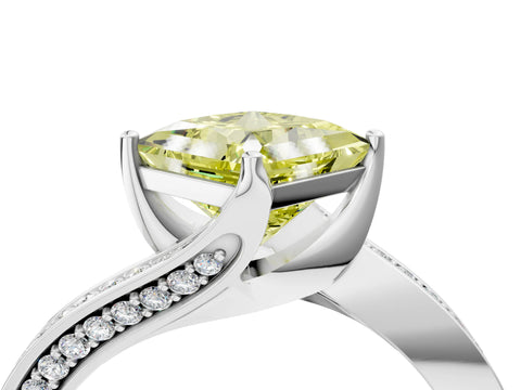 White gold Fancy Yellow Princess Cut Solitaire Diamond Twist Band with Pavé Setting and Four-Prong Setting_4