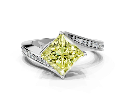 White gold Fancy Yellow Princess Cut Solitaire Diamond Twist Band with Pavé Setting and Four-Prong Setting