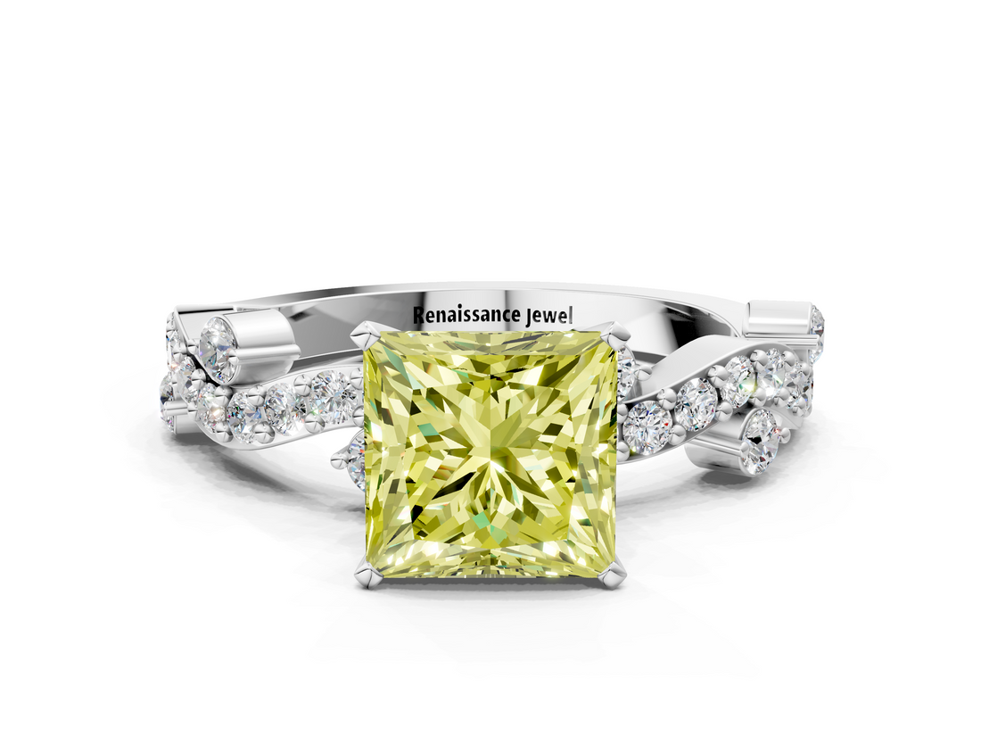White gold Fancy Yellow Princess  Cut Solitaire Diamond Twisted Band with Pave Setting