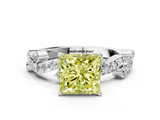 White gold Fancy Yellow Princess  Cut Solitaire Diamond Twisted Band with Pave Setting