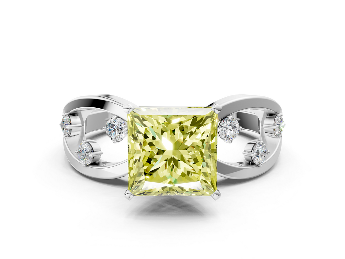 White gold Fancy Yellow Princess  Cut Solitaire Diamond with Side Stones on Criss-Cross Band and Four-Prong Setting