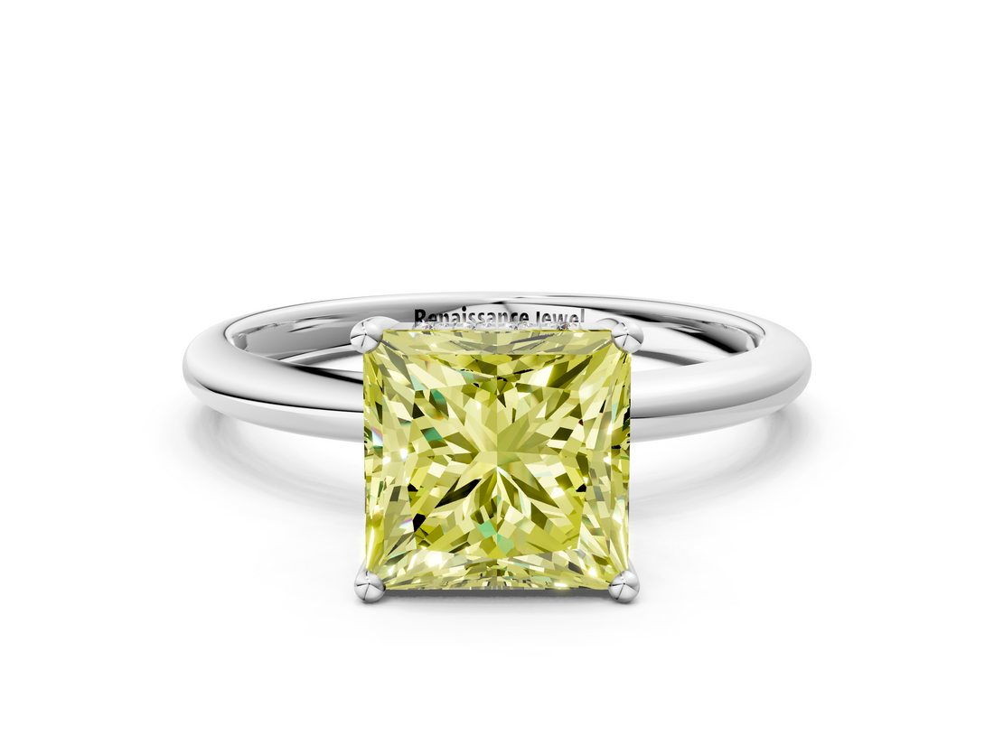 White gold Fancy Yellow Princess  Cut Solitaire Engagement Ring with Four-Prong Setting and Classic Band
