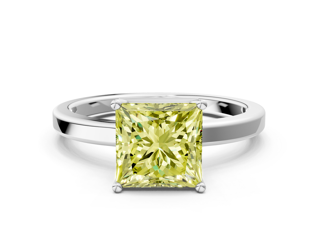 White gold Fancy Yellow Princess  Cut Solitaire Engagement Ring with Four-Prong Setting on a Classic Band