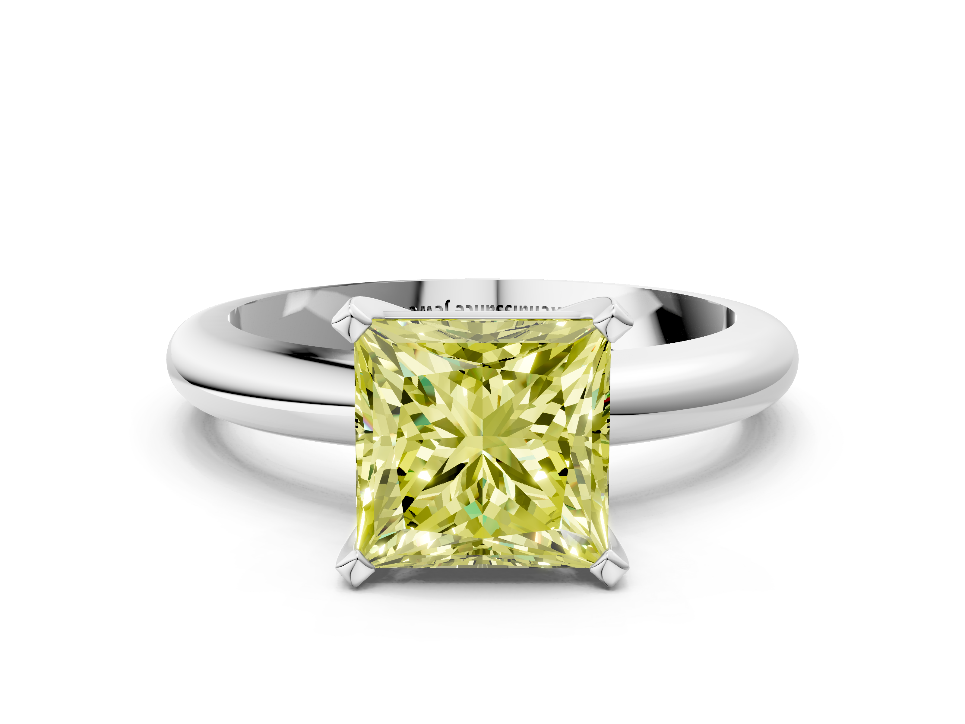 White gold Fancy Yellow Princess  Cut Solitaire Engagement Ring with Round Band and Four-Prong Setting