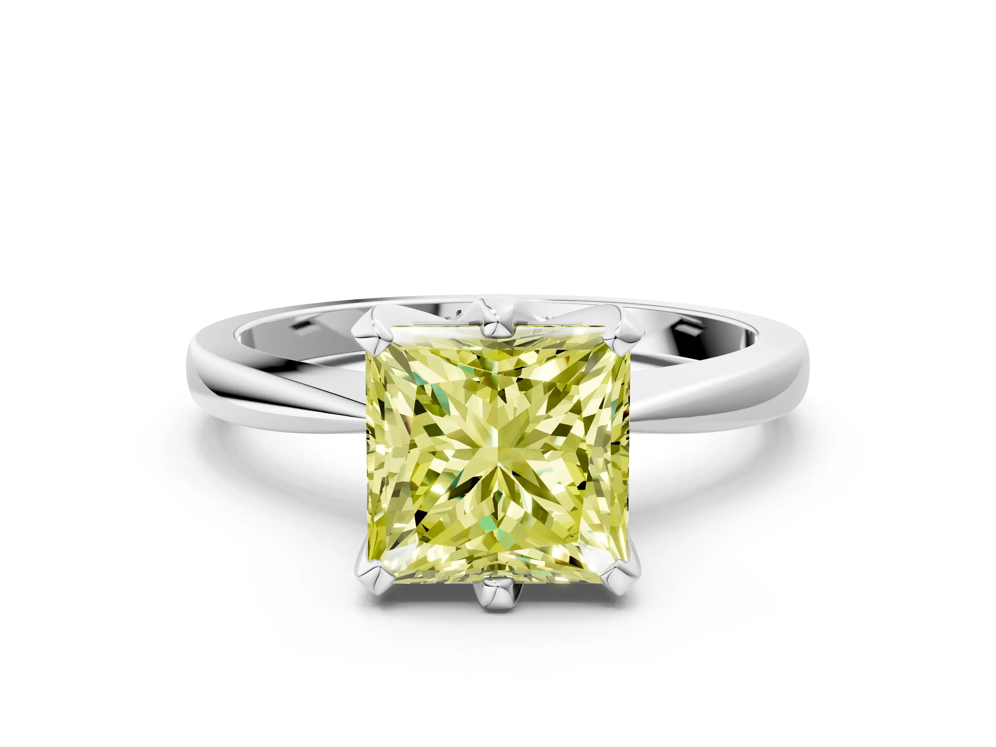 White gold Fancy Yellow Princess Cut Solitaire Engagement Ring with Six-Prong Setting and Tapered Band