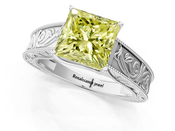 Platinum Fancy Yellow Princess Cut Diamond Solitaire Ring with Engraved Band and Four-Prong Setting
