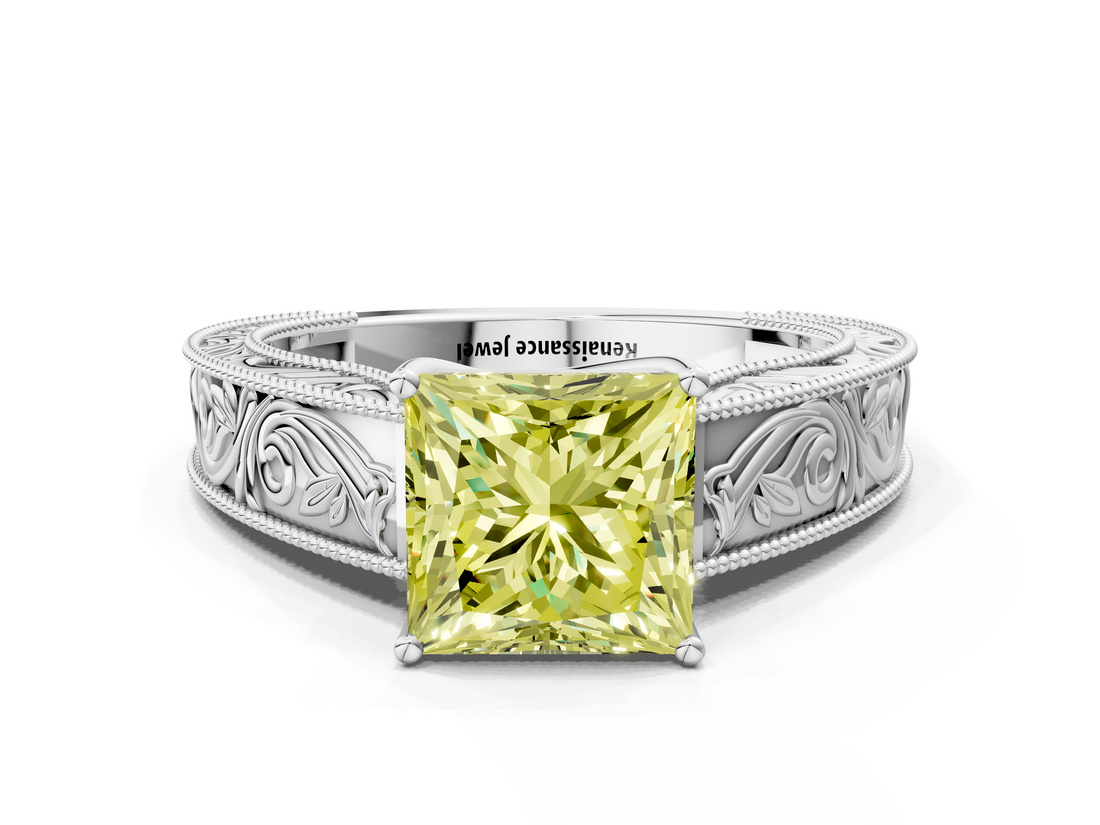 White gold Fancy Yellow Princess  Cut Solitaire Engraved Band with Four-Prong Setting