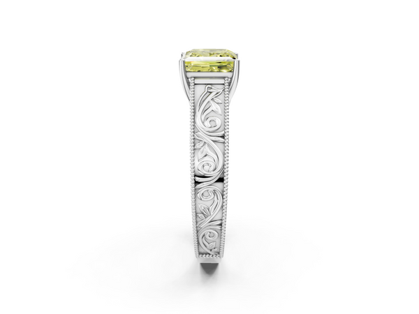 Platinum Fancy Yellow Princess Cut Diamond Solitaire Ring with Engraved Band and Four-Prong Setting