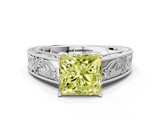 White gold Fancy Yellow Princess  Cut Solitaire Engraved Band with Four-Prong Setting