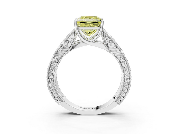 Platinum Fancy Yellow Princess Cut Diamond Solitaire Ring with Engraved Band and Four-Prong Setting
