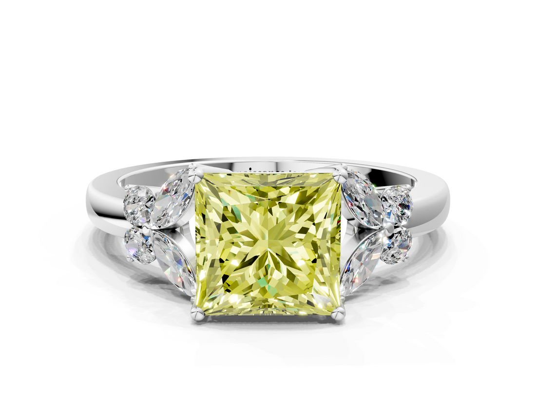 White gold Fancy Yellow Princess  Cut Solitaire Floral Diamond Ring with Four-Prong Setting