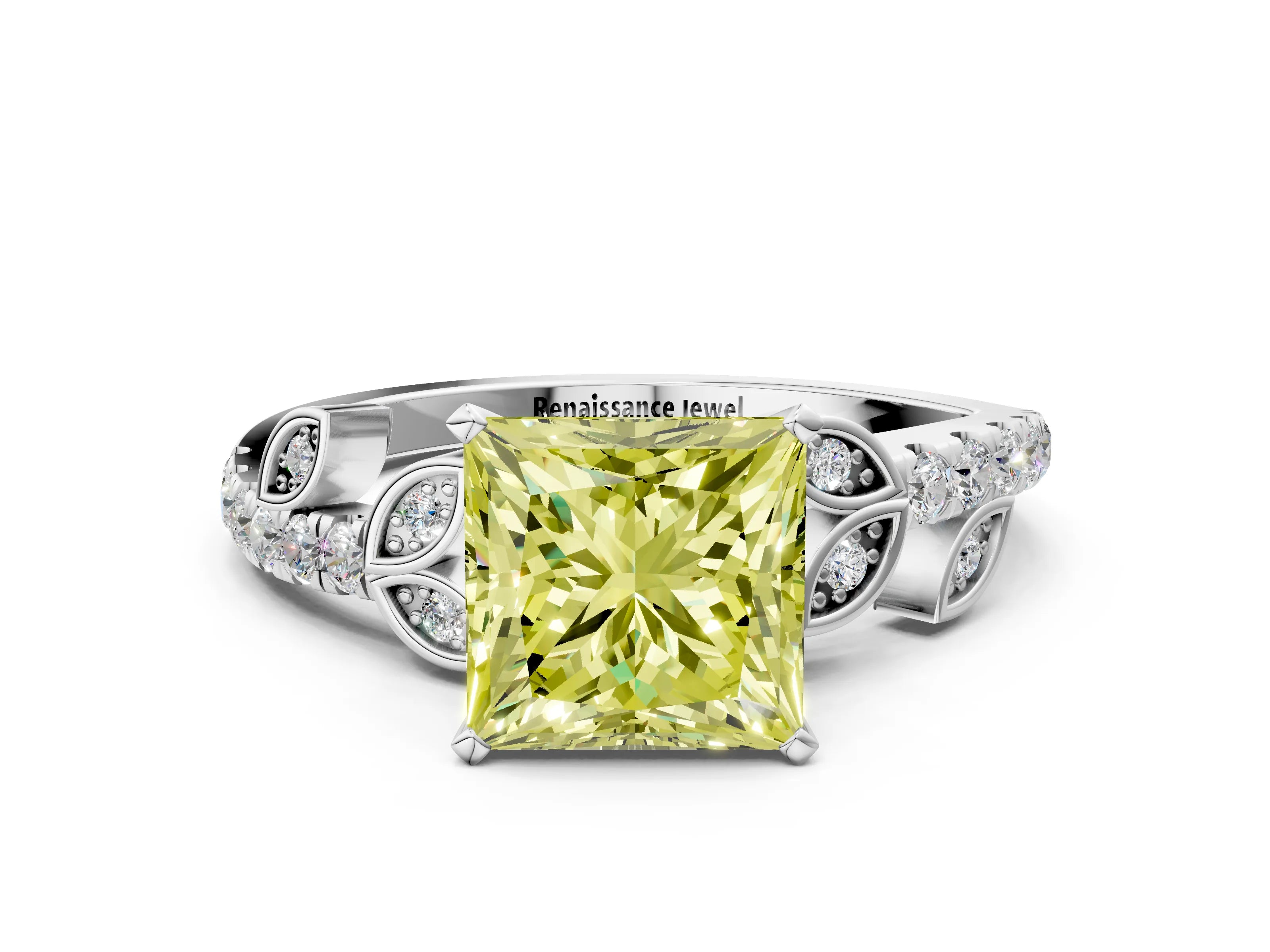 White gold Fancy Yellow Princess Cut Solitaire Leaf-Inspired Diamond Ring with Pavé Band and Four-Prong Setting_12