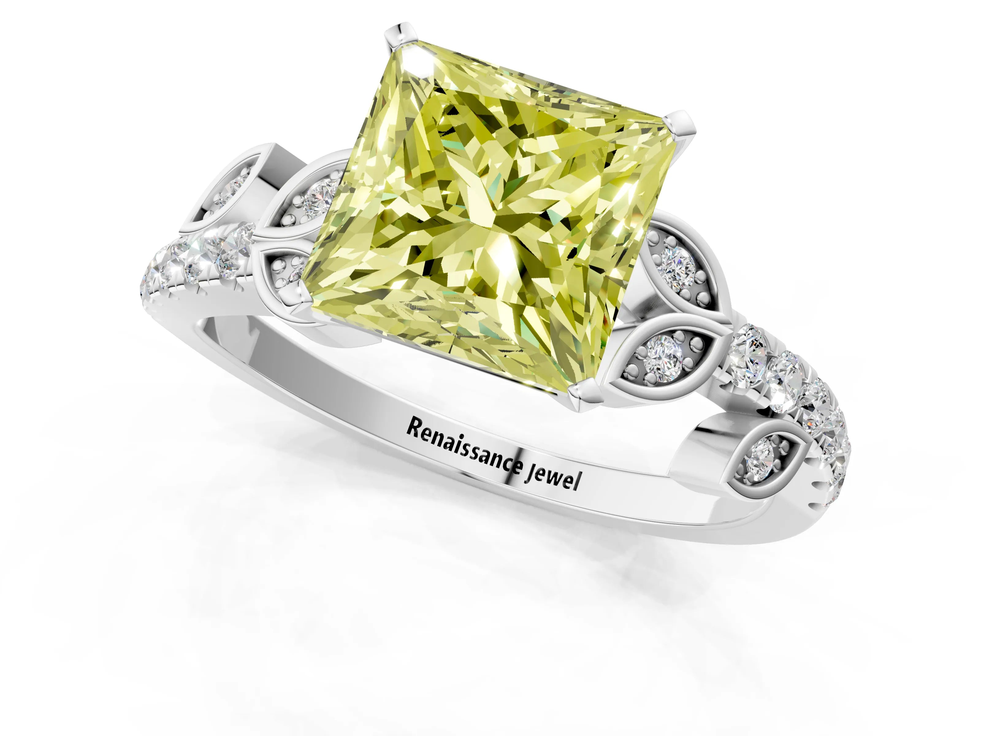 White gold Fancy Yellow Princess Cut Solitaire Leaf-Inspired Diamond Ring with Pavé Band and Four-Prong Setting_13
