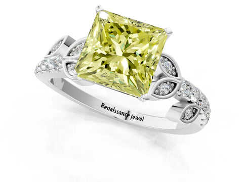 White gold Fancy Yellow Princess Cut Solitaire Leaf-Inspired Diamond Ring with Pavé Band and Four-Prong Setting_13