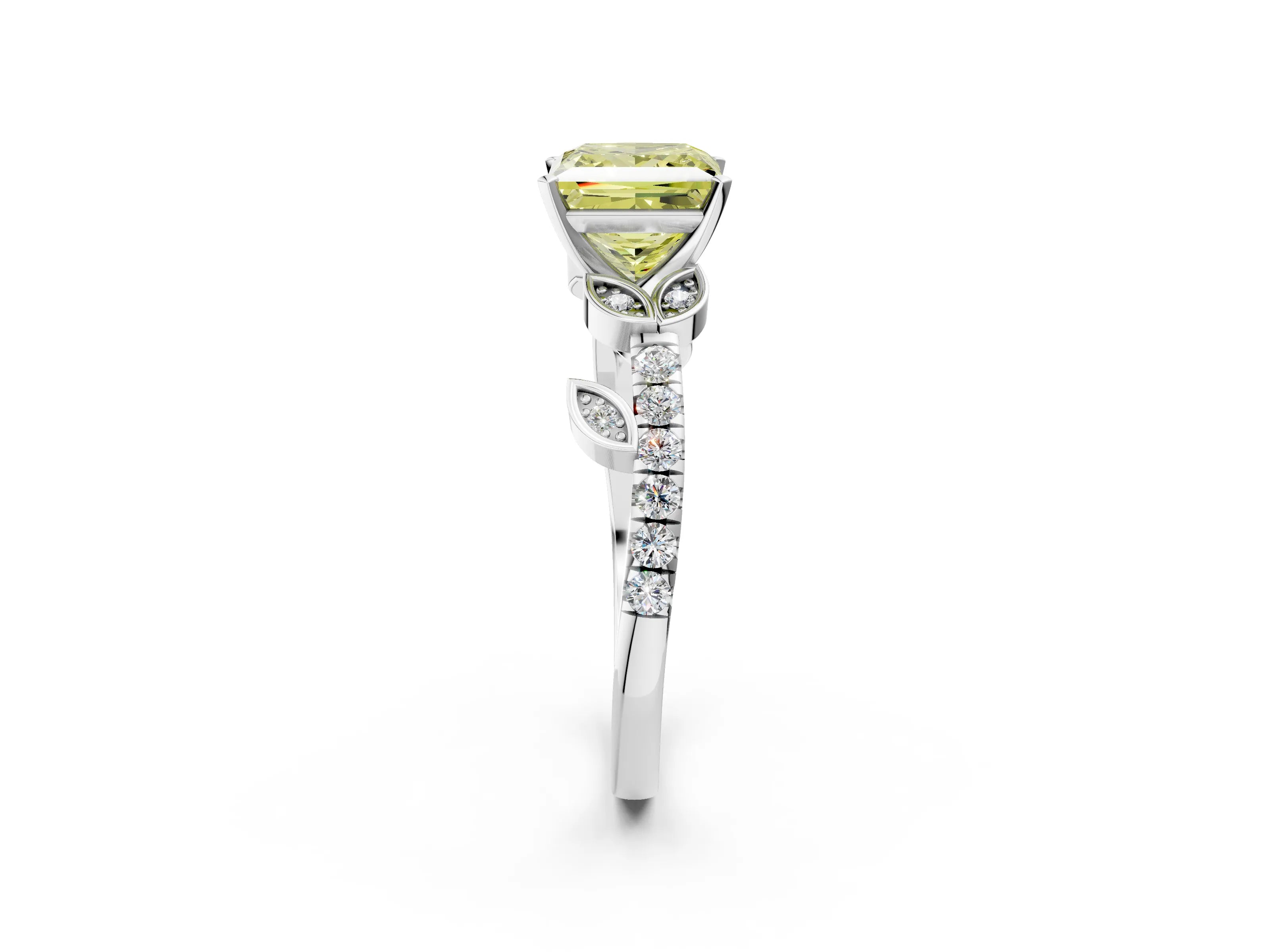White gold Fancy Yellow Princess Cut Solitaire Leaf-Inspired Diamond Ring with Pavé Band and Four-Prong Setting_14