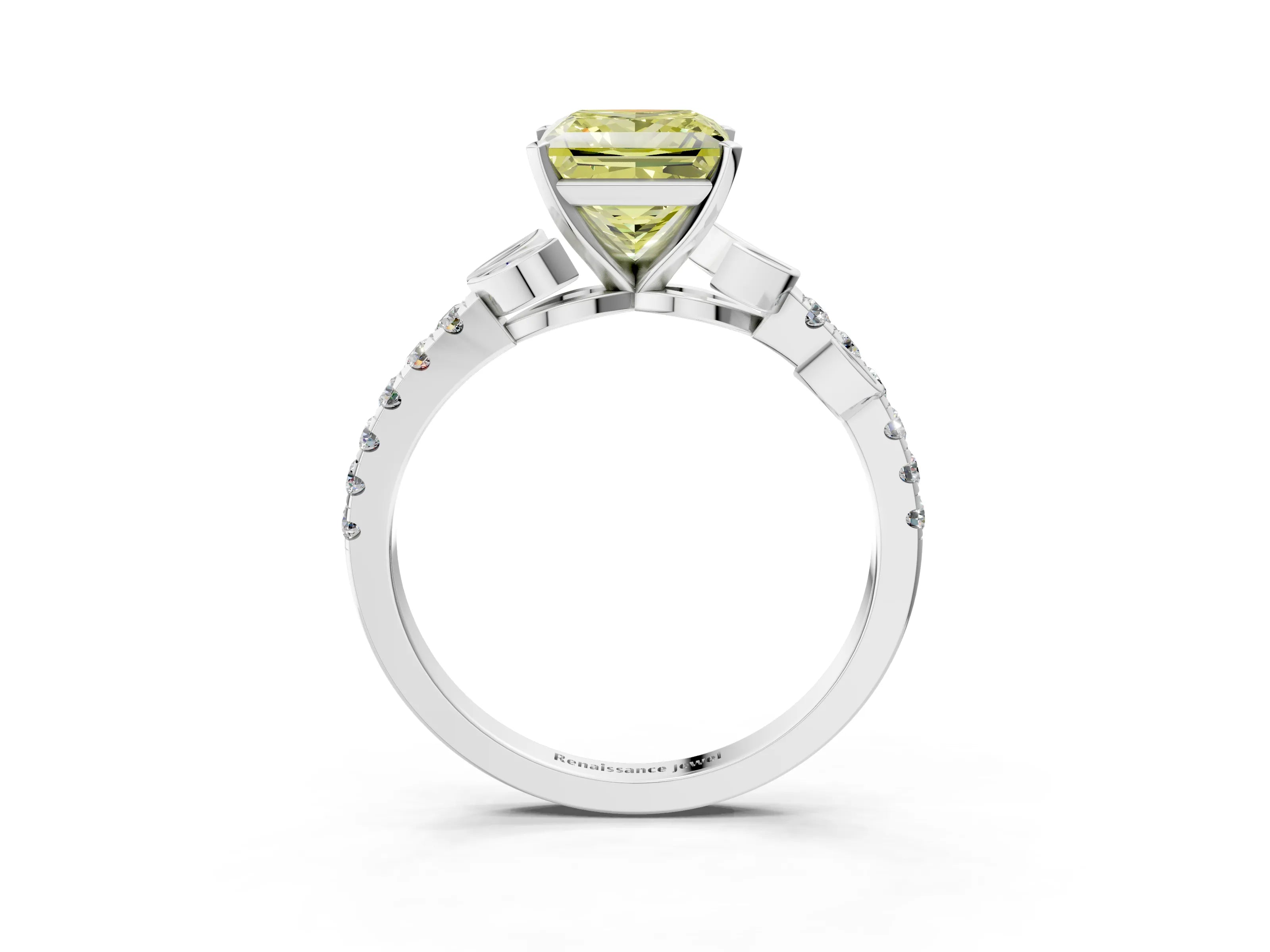 White gold Fancy Yellow Princess Cut Solitaire Leaf-Inspired Diamond Ring with Pavé Band and Four-Prong Setting_15
