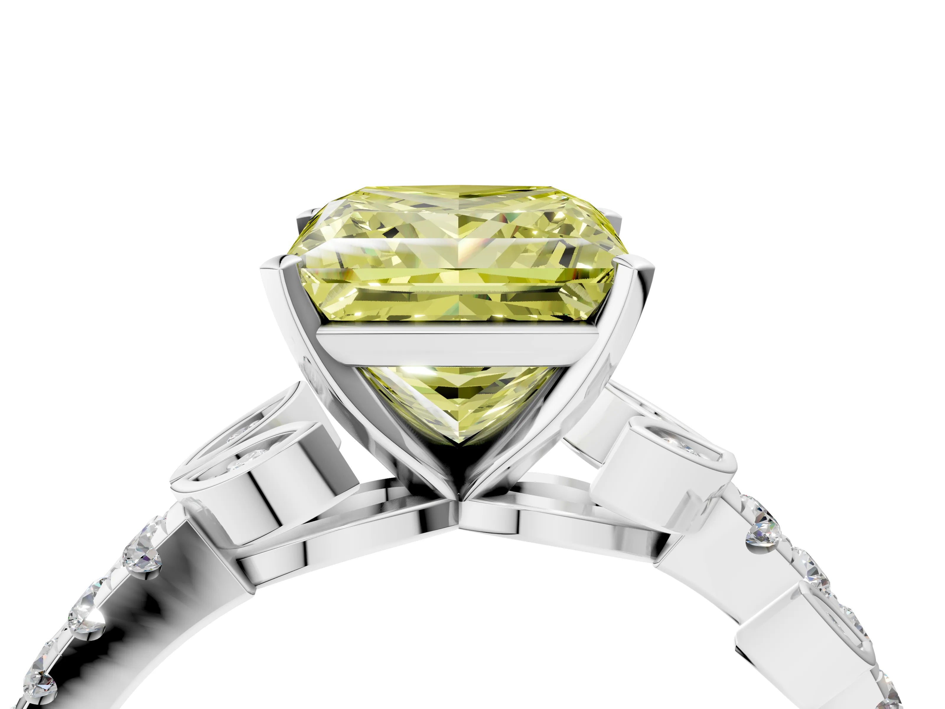 White gold Fancy Yellow Princess Cut Solitaire Leaf-Inspired Diamond Ring with Pavé Band and Four-Prong Setting_16