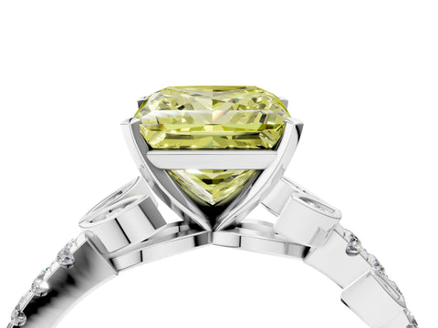 White gold Fancy Yellow Princess Cut Solitaire Leaf-Inspired Diamond Ring with Pavé Band and Four-Prong Setting_16