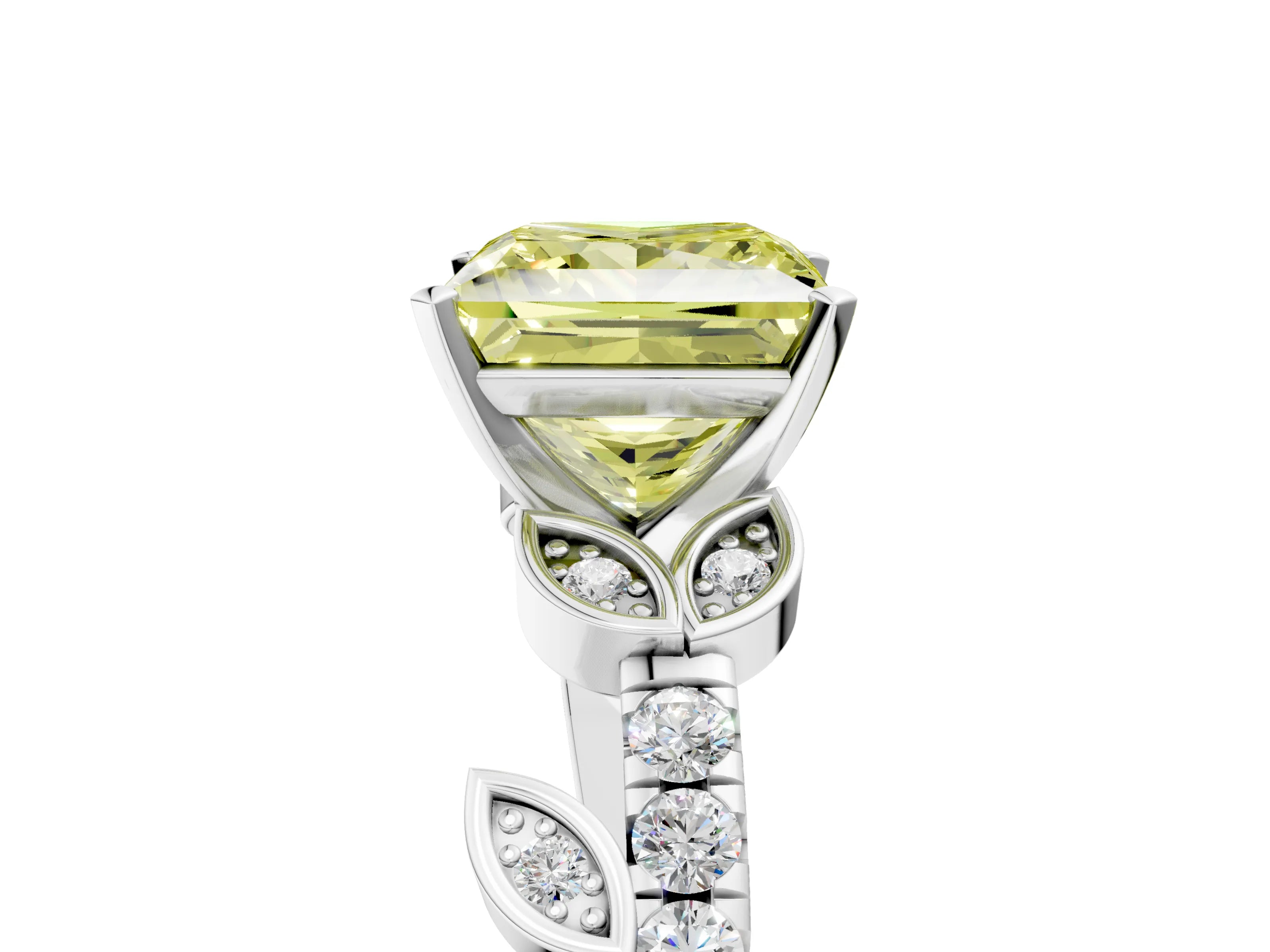 White gold Fancy Yellow Princess Cut Solitaire Leaf-Inspired Diamond Ring with Pavé Band and Four-Prong Setting_17