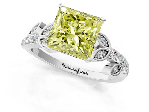 White gold Fancy Yellow Princess Cut Solitaire Leaf-Inspired Diamond Ring with Pavé Band and Four-Prong Setting_1