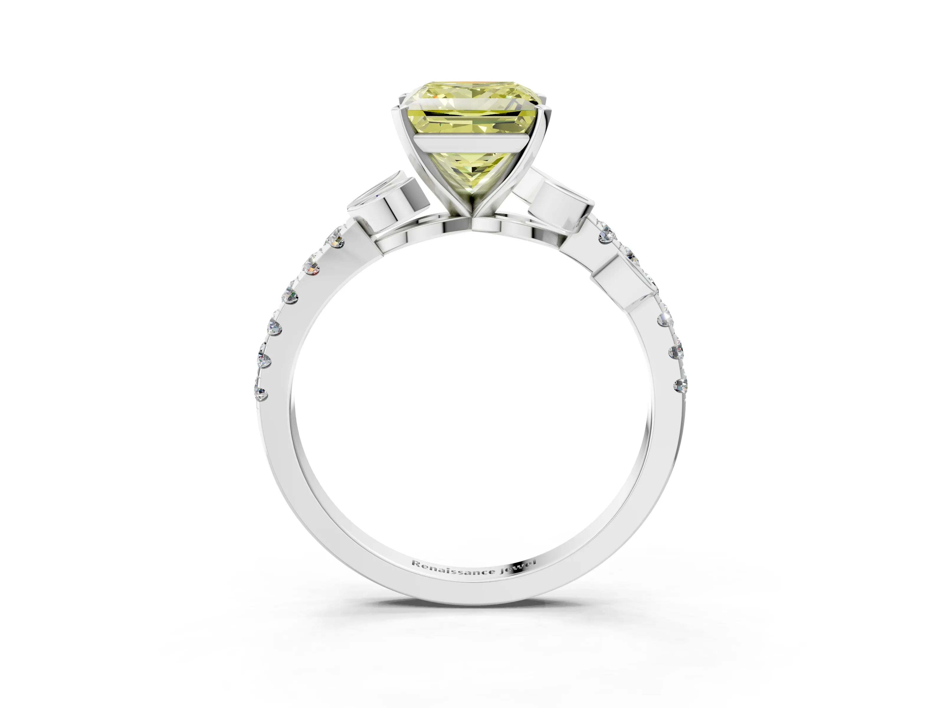 White gold Fancy Yellow Princess Cut Solitaire Leaf-Inspired Diamond Ring with Pavé Band and Four-Prong Setting_3