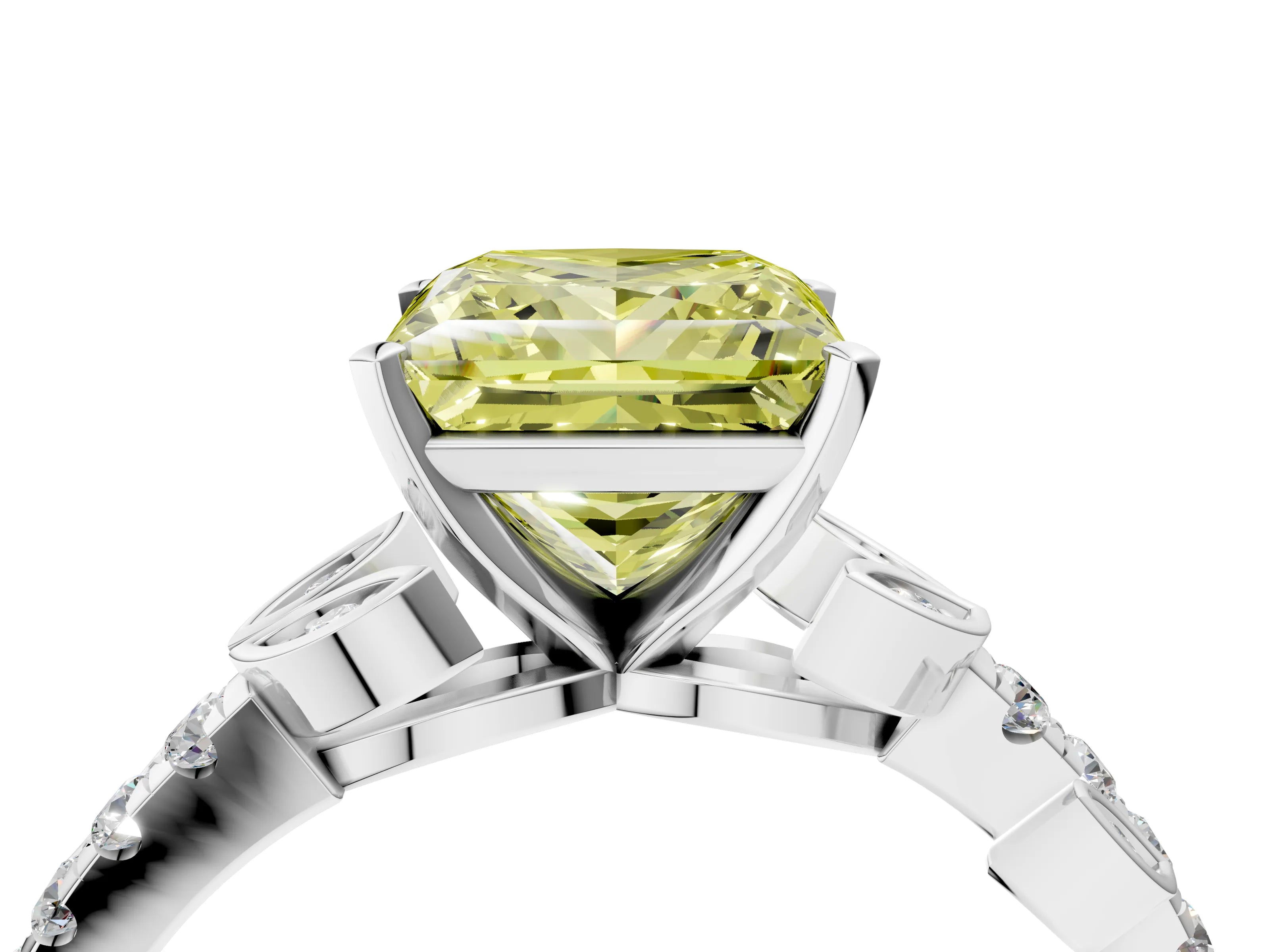 White gold Fancy Yellow Princess Cut Solitaire Leaf-Inspired Diamond Ring with Pavé Band and Four-Prong Setting_4