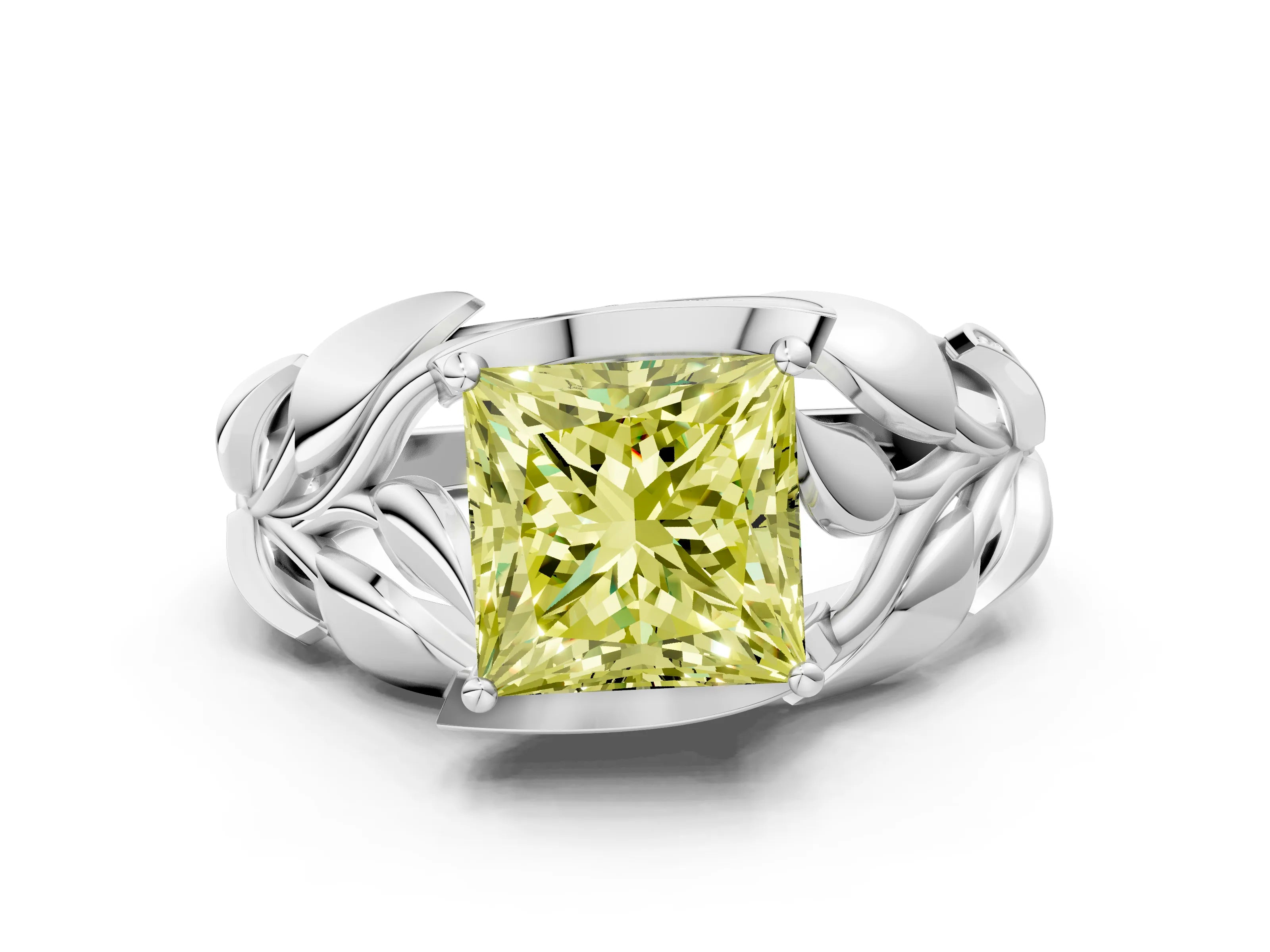 White gold Fancy Yellow Princess Cut Solitaire Leaf-Inspired Engagement Ring with Prong Setting