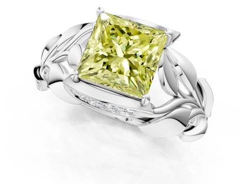 White gold Fancy Yellow Princess Cut Solitaire Leaf-Inspired Engagement Ring with Prong Setting_1