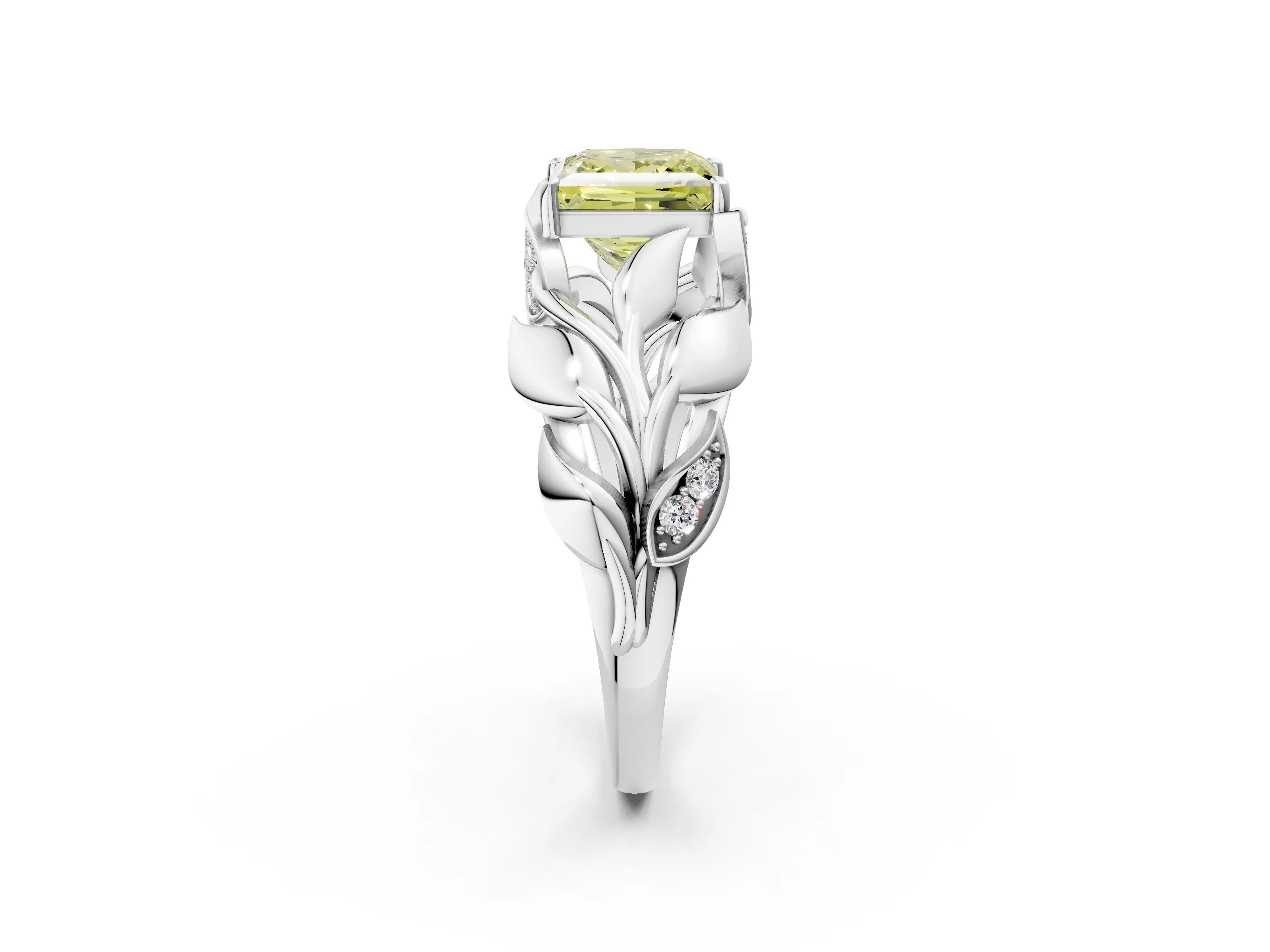 White gold Fancy Yellow Princess Cut Solitaire Leaf-Inspired Engagement Ring with Prong Setting_2