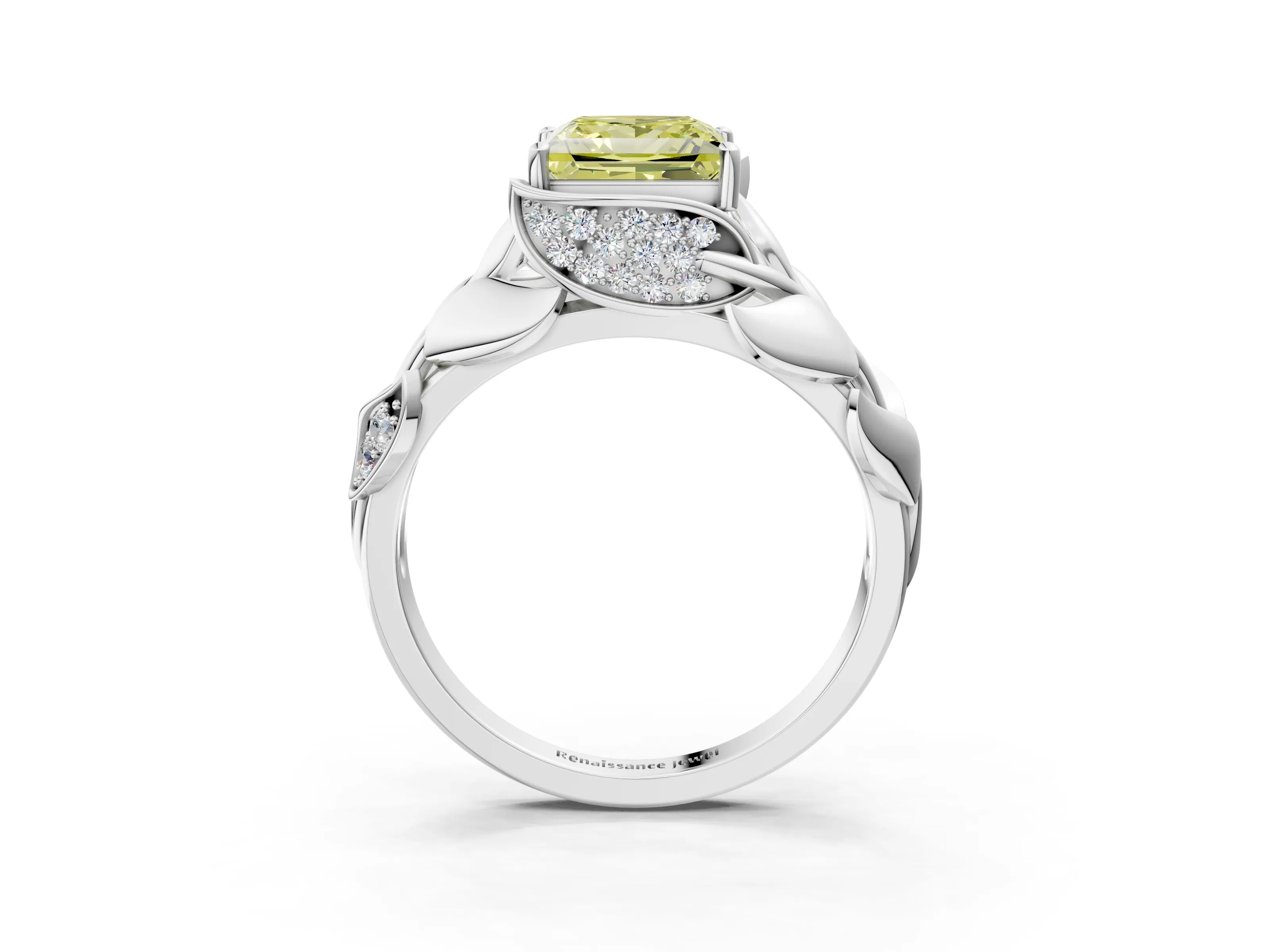 White gold Fancy Yellow Princess Cut Solitaire Leaf-Inspired Engagement Ring with Prong Setting_3