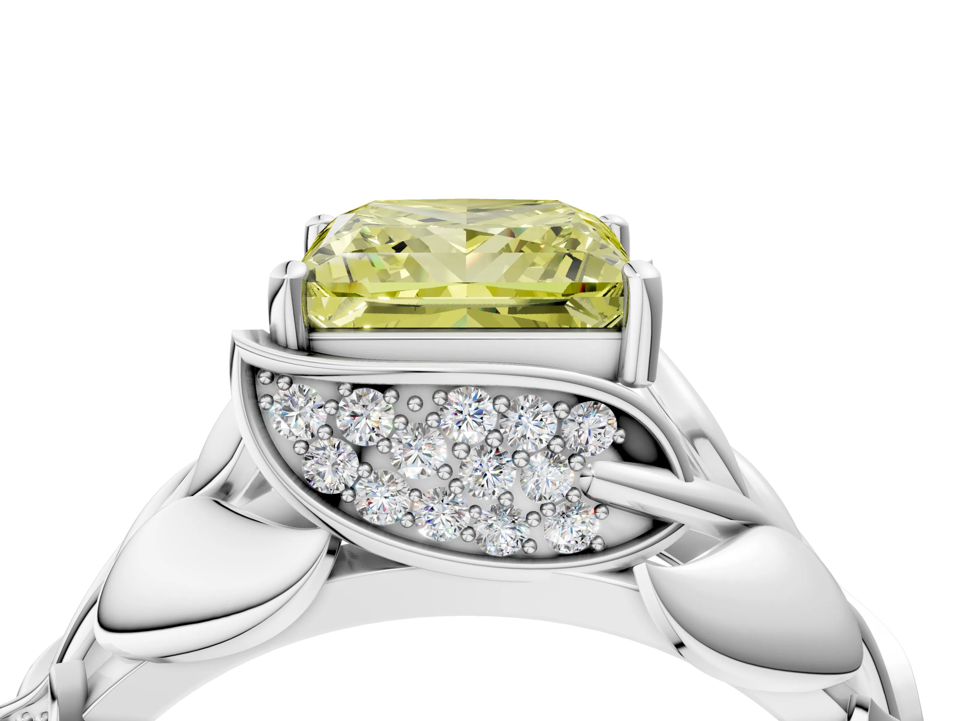 White gold Fancy Yellow Princess Cut Solitaire Leaf-Inspired Engagement Ring with Prong Setting_4