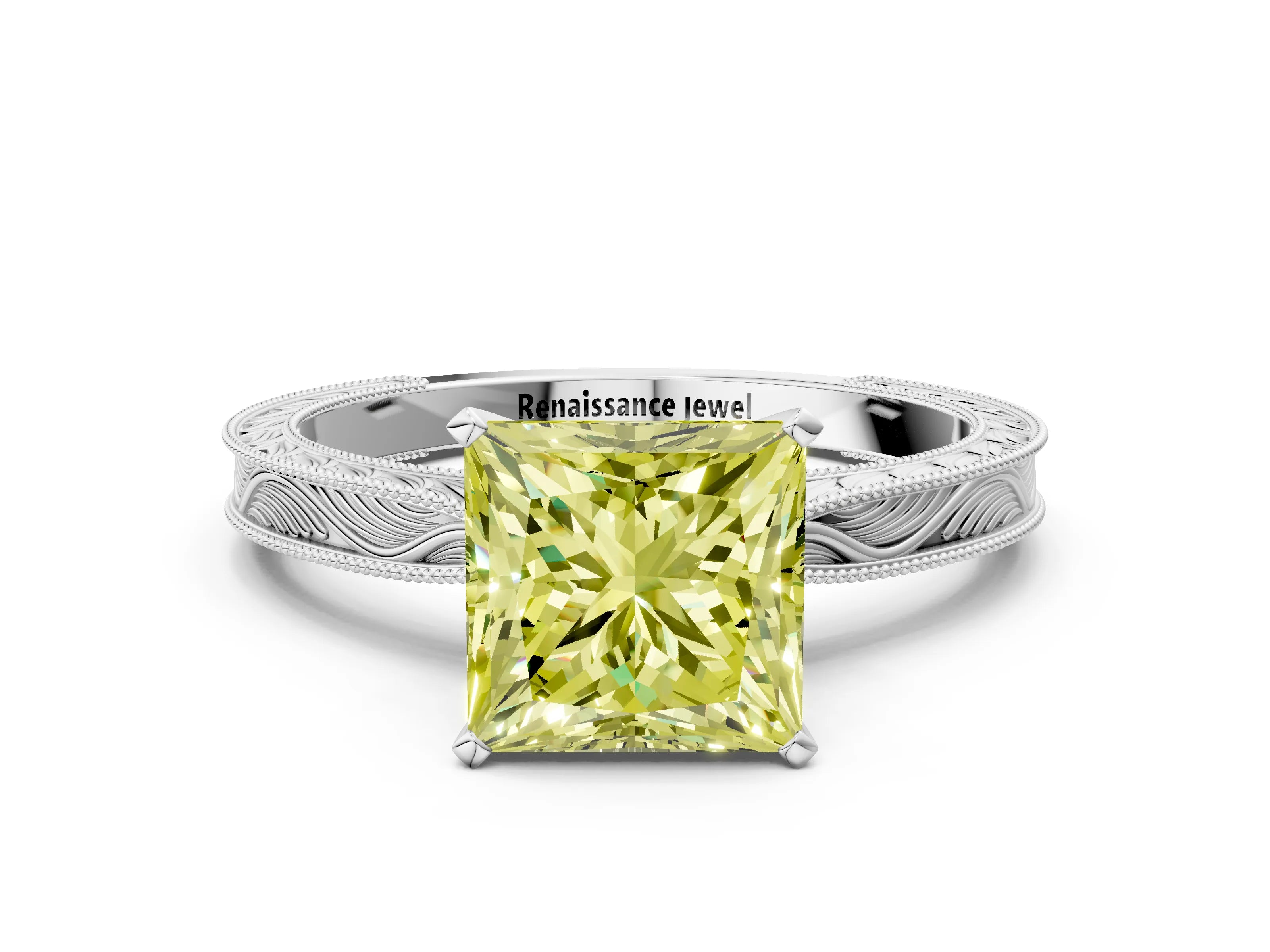 White gold Fancy Yellow Princess Cut Solitaire Milgrain Engraved Band with Four-Prong Setting_12