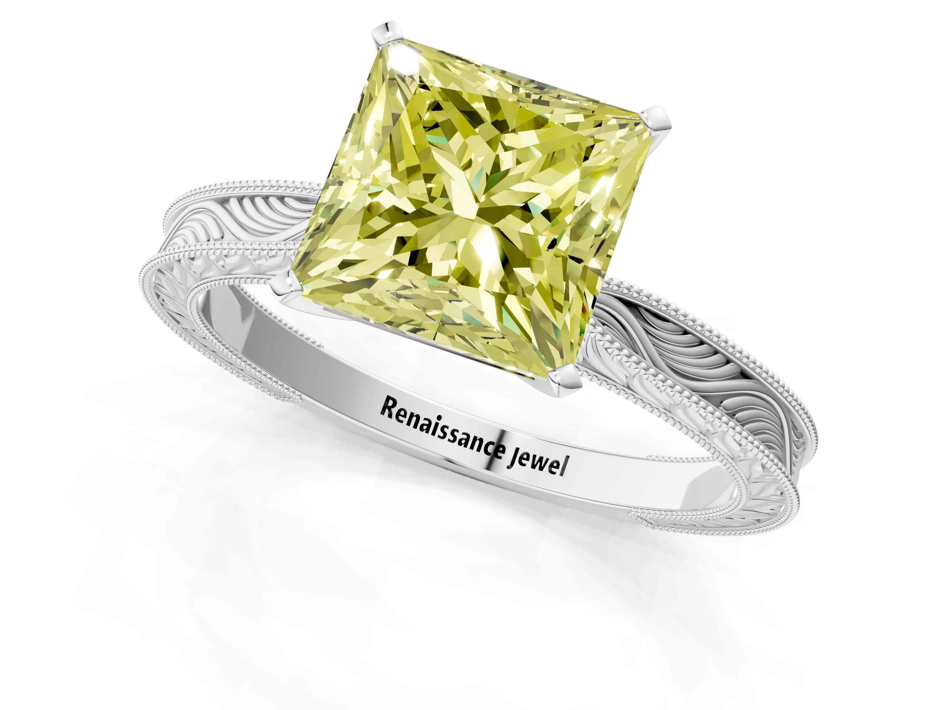 White gold Fancy Yellow Princess Cut Solitaire Milgrain Engraved Band with Four-Prong Setting_13