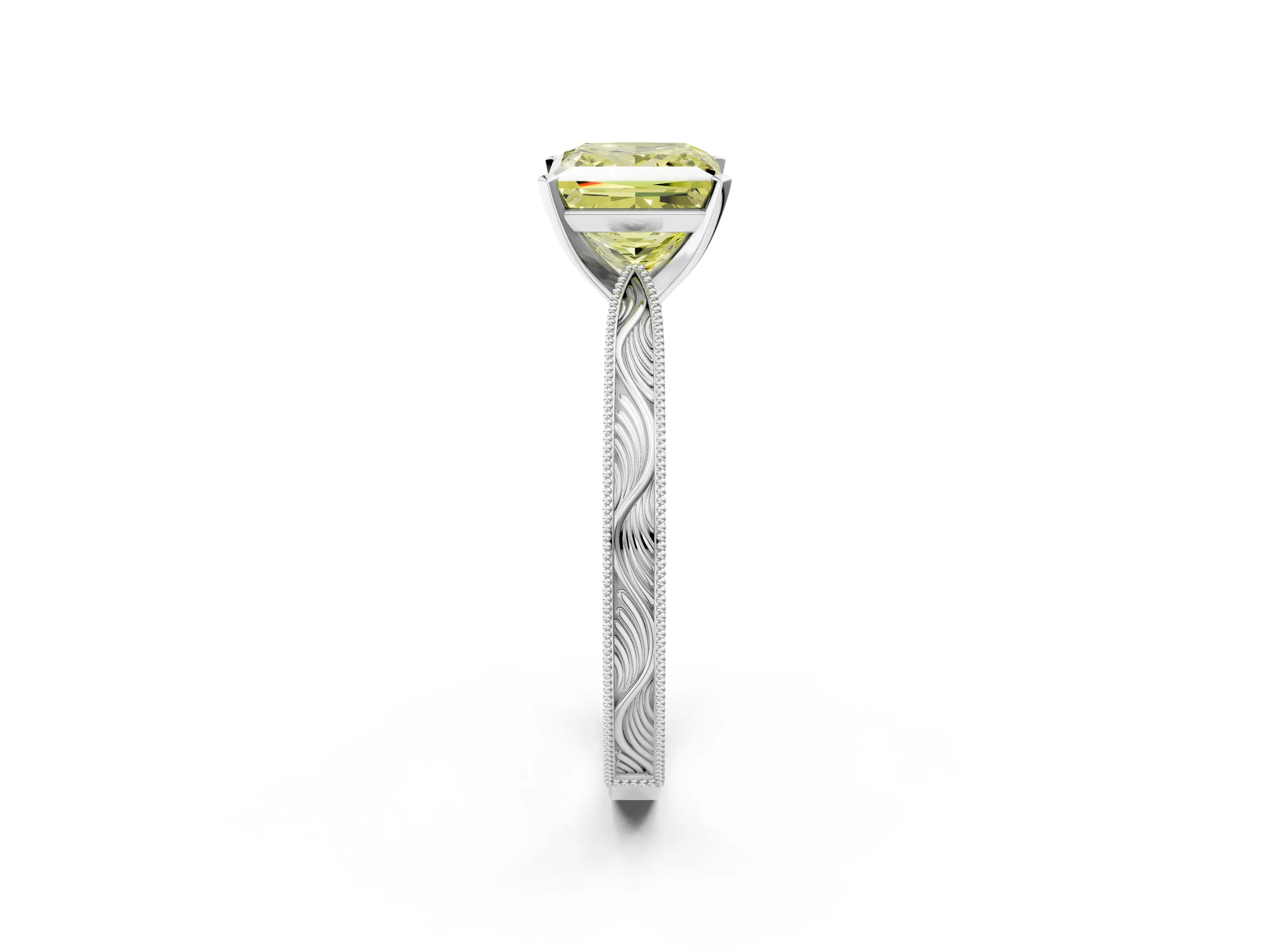 White gold Fancy Yellow Princess Cut Solitaire Milgrain Engraved Band with Four-Prong Setting_14