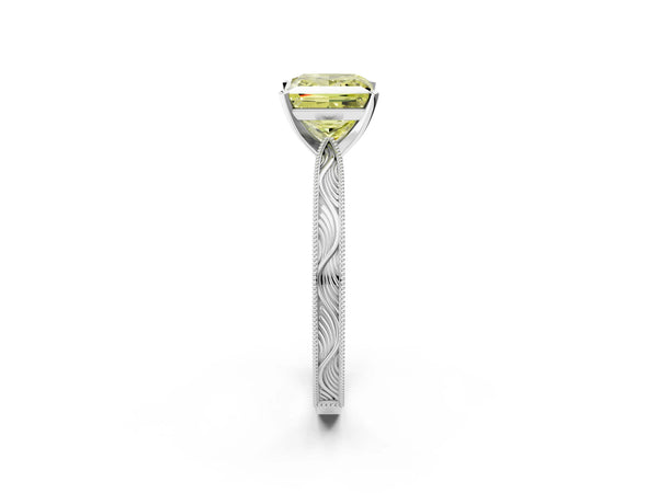 White gold Fancy Yellow Princess Cut Solitaire Milgrain Engraved Band with Four-Prong Setting