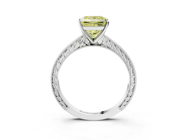 White gold Fancy Yellow Princess Cut Solitaire Milgrain Engraved Band with Four-Prong Setting