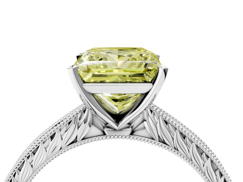 White gold Fancy Yellow Princess Cut Solitaire Milgrain Engraved Band with Four-Prong Setting_16