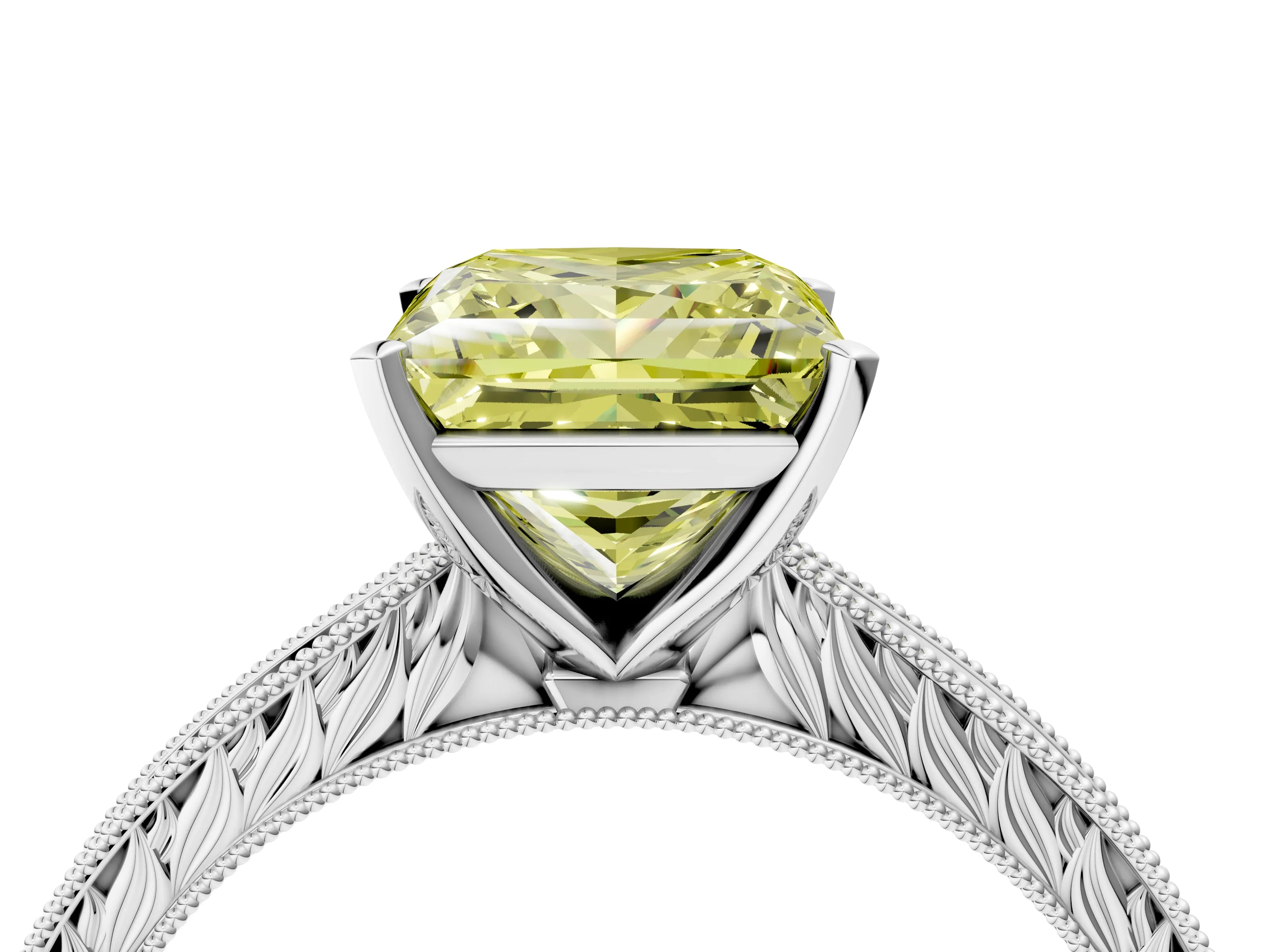 White gold Fancy Yellow Princess Cut Solitaire Milgrain Engraved Band with Four-Prong Setting_16