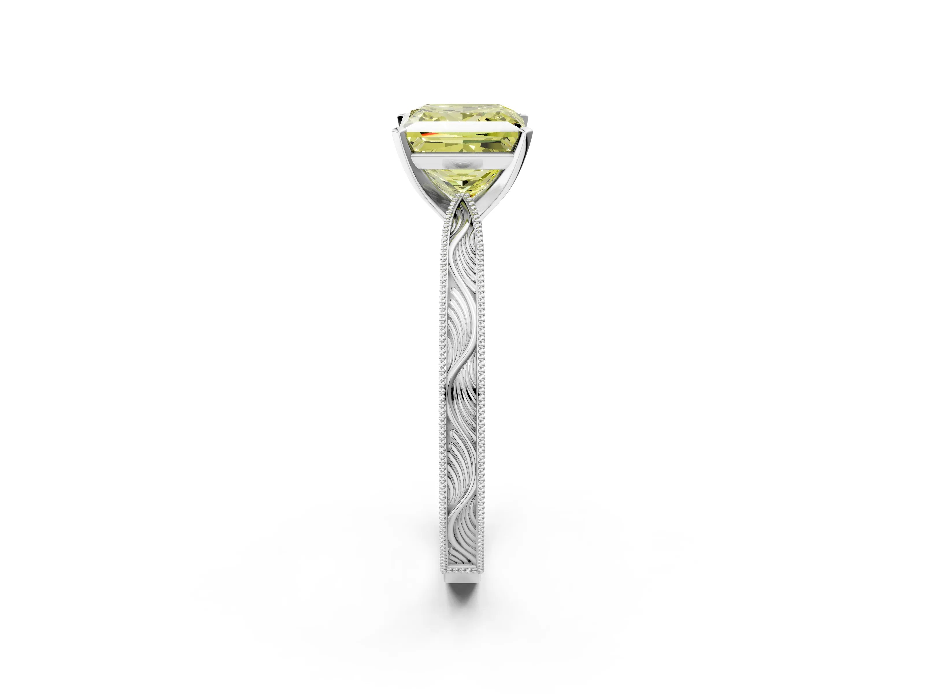 White gold Fancy Yellow Princess Cut Solitaire Milgrain Engraved Band with Four-Prong Setting_2
