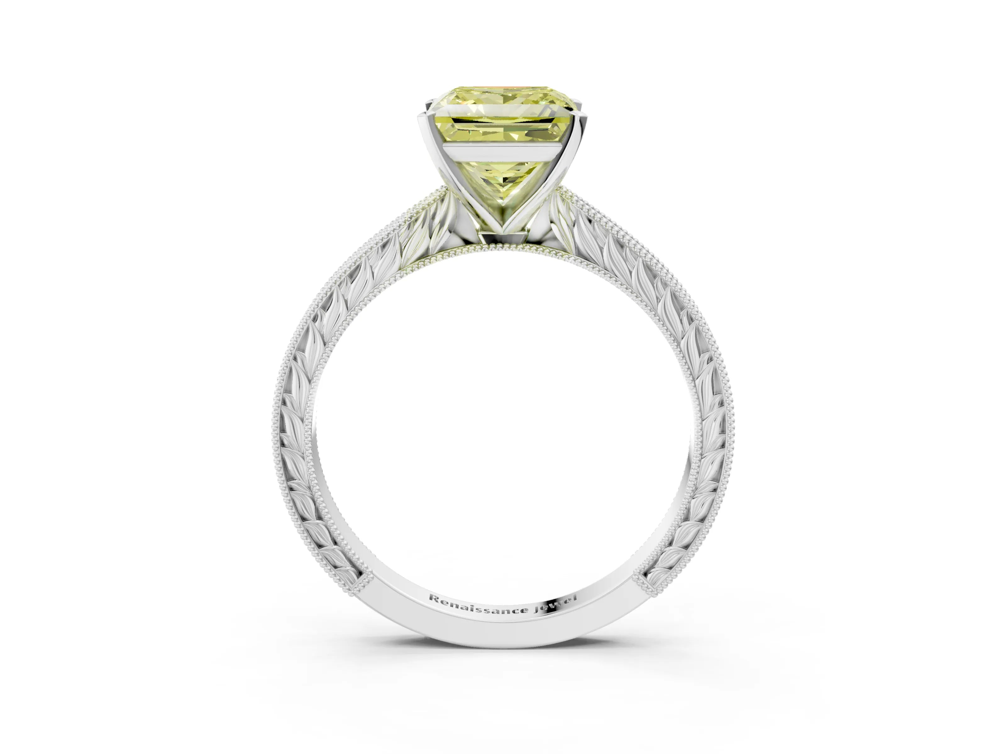 White gold Fancy Yellow Princess Cut Solitaire Milgrain Engraved Band with Four-Prong Setting_3