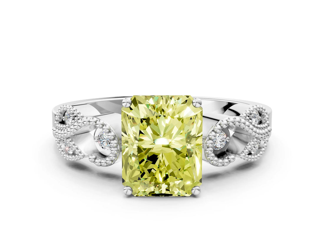 White gold Fancy Yellow Princess Cut Solitaire Milgrain Leaf Band with Prong Setting_12